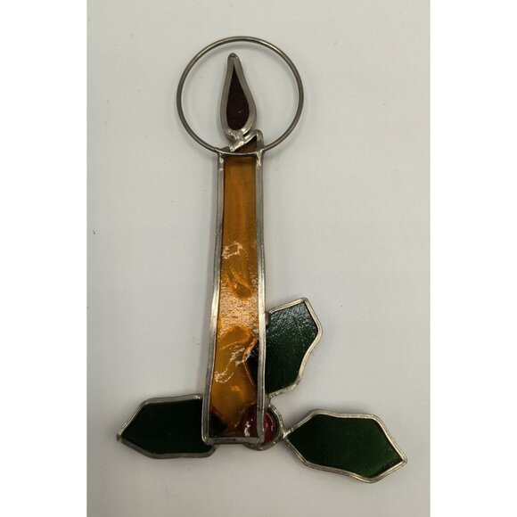 Vintage Stained Glass Candle Ornament With Holly Leaves & Red Berry - Picture 2 of 2